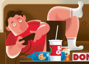 Illustration of person sitting on the couch playing video games with snacks and soda on the coffee table
