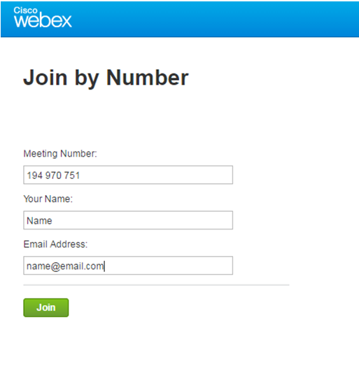 Step 2 to access WebEx entering information on Join by Number page