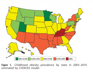 Figure 1. Childhood obesity prevalence by state in 2005–2010 estimated by CHOICES model