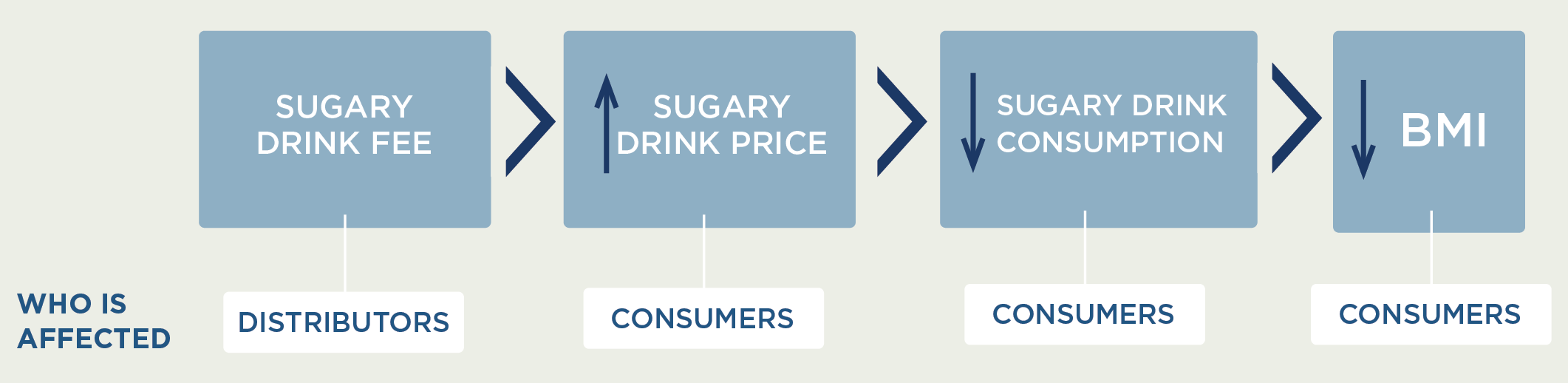Logic model: Sugary drink fee - Distributors are affected. Leads to an increase in sugary drink price, and consumers are affected. This leads to a decrease in sugary drink consumption, and consumers are affected. This finally leads to a decrease in BMI, and consumers are affected.